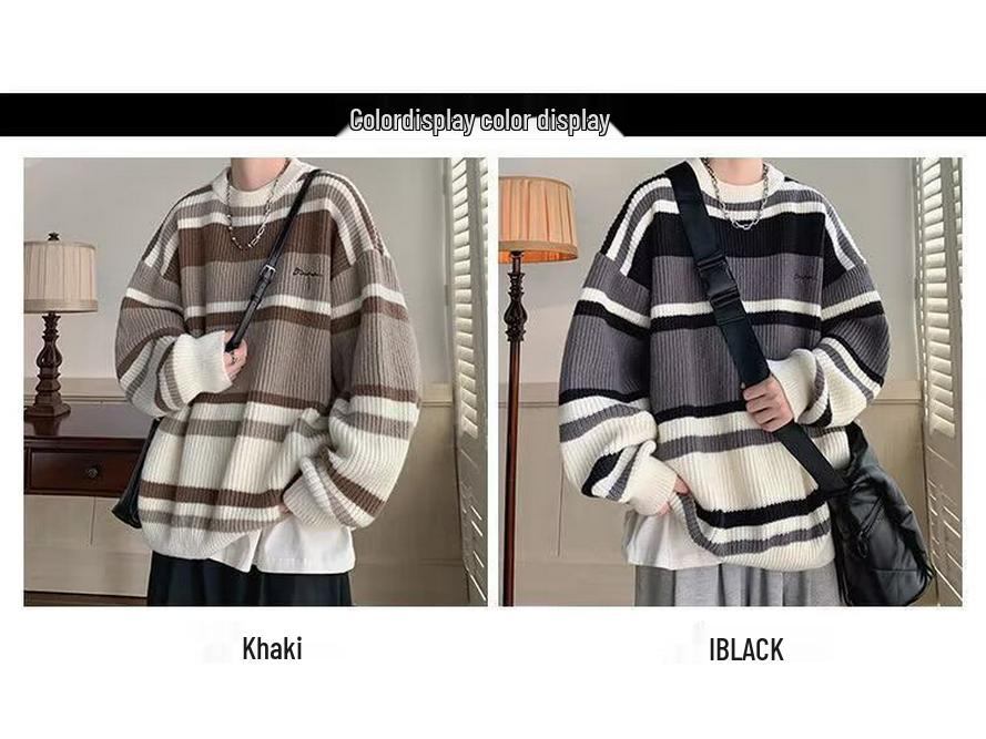 Men's Retro Striped Color-Block Knit Sweater - Casual & Loose Fit for Autumn/Winter