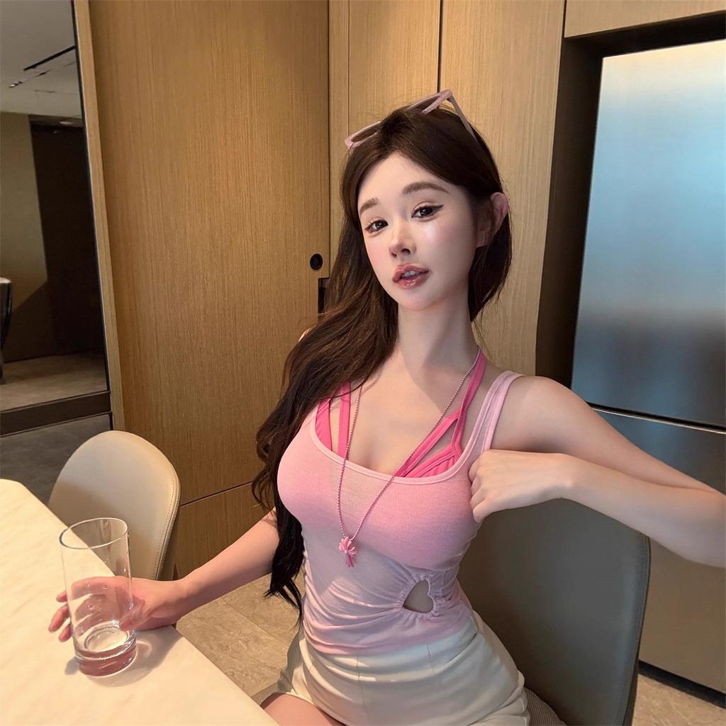Two-piece set, hollow sling vest, women's summer design, slim-fitting short back-wrapped top