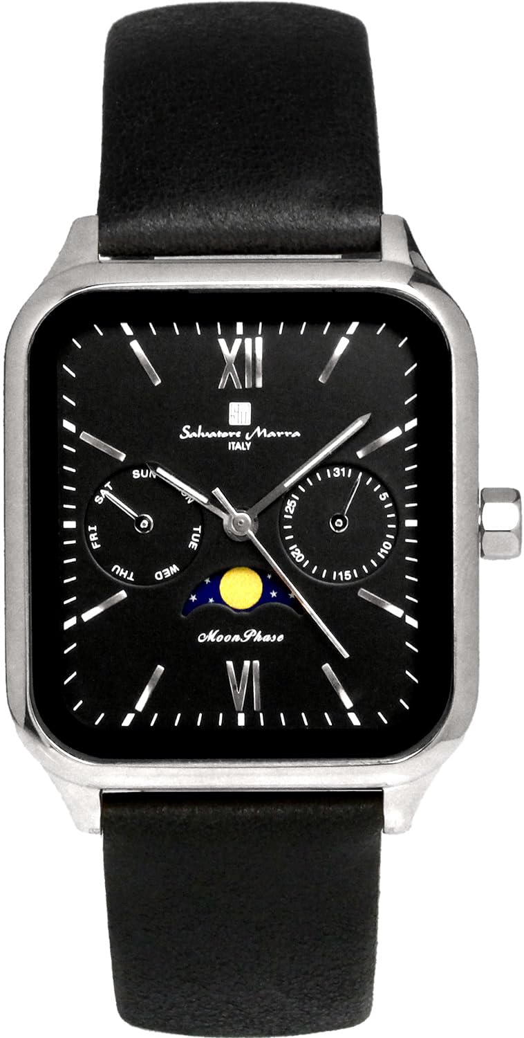 

[Salvatore Mara] Ремень из кожи для мужчин с квадратным календарем и фазами Луны, водонепроницаемый, деловой, формальный, лимитированная модель, серебристо-черный, SM24112-SSBKLE