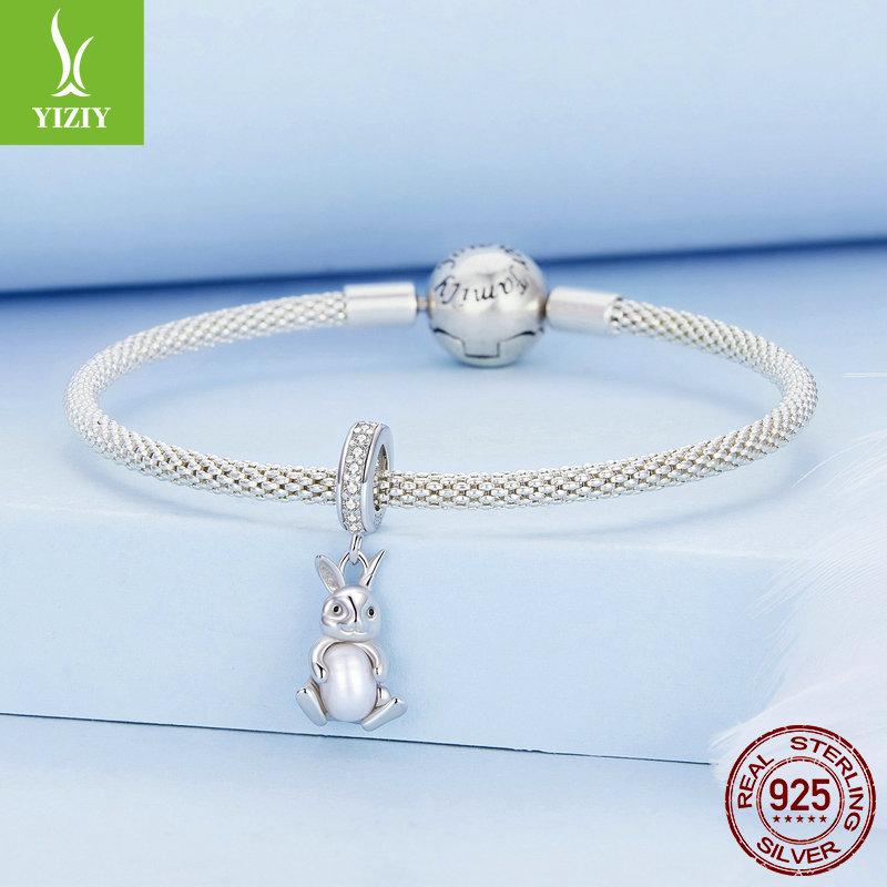 Pearl Rabbit S925 Silver Pendant, Cute Pearl Diy Bracelet Beaded Accessories