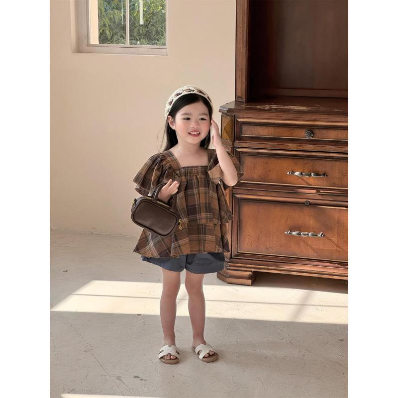 2026 Girls' Mori-style Coffee Plaid Flutter Sleeve Top + Dark Green Shorts Set