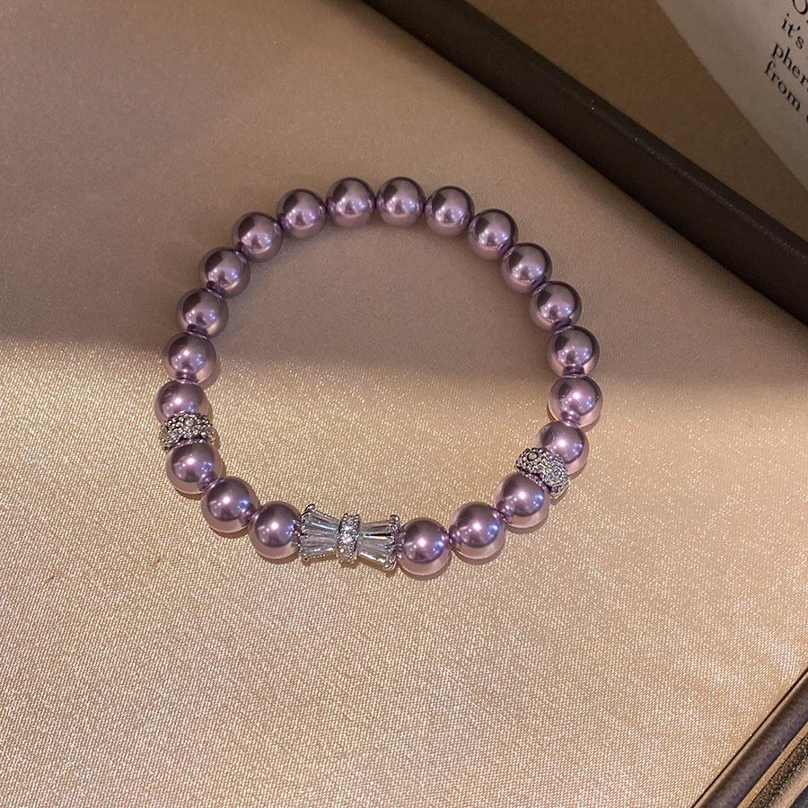 Mist Purple Cubic Zirconia Pearl Beaded Elastic Bracelet - Versatile Light Luxury Hand Jewelry