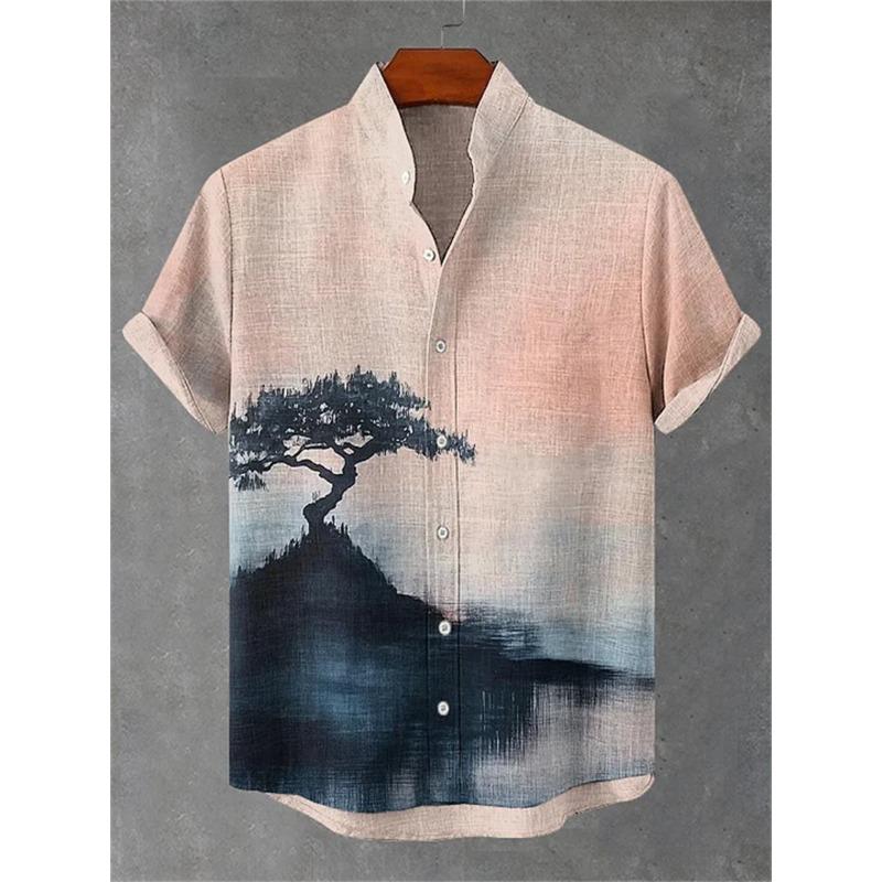 Men's Warrior Cat Art Linen Shirt Blossom Print Casual Hawaiian Shirt Summer Short Sleeved Shirt Top