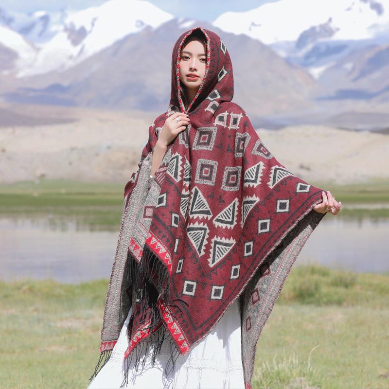 Yunnan Dali Ethnic Style Women's Warm Hooded Scarf Cloak