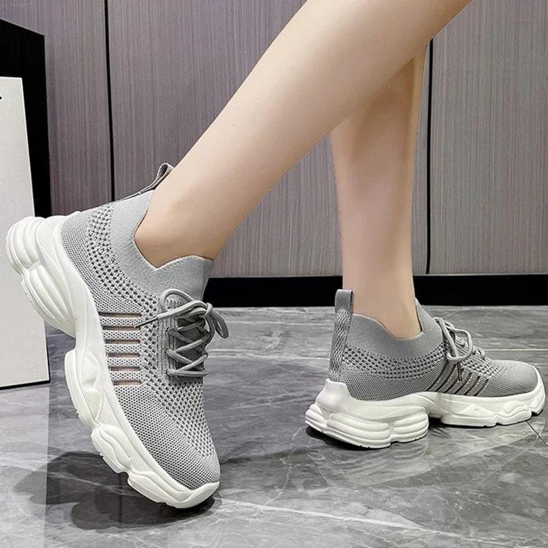 Fashion Thick Platform Sneakers for Women Spring 2025 Autumn Breathable Mesh Sports Shoes Woman Outdoor Lace Up Casual Vulcanize Shoes
