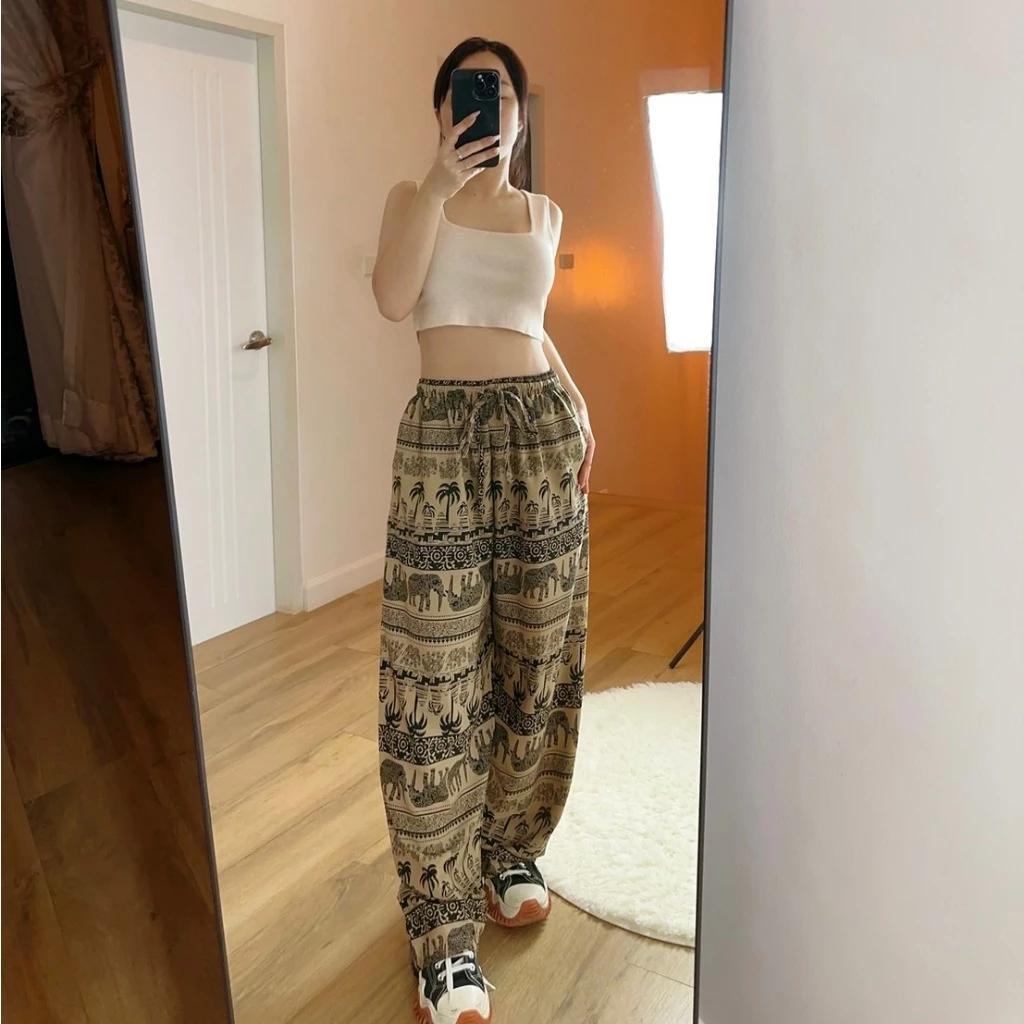 Elephant Pants Women Men Unisex Premium Japanese Silk Print Thailand Casual Streetwear Beach Bohemian Retro Vintage Adjustable Rope Loose Legs