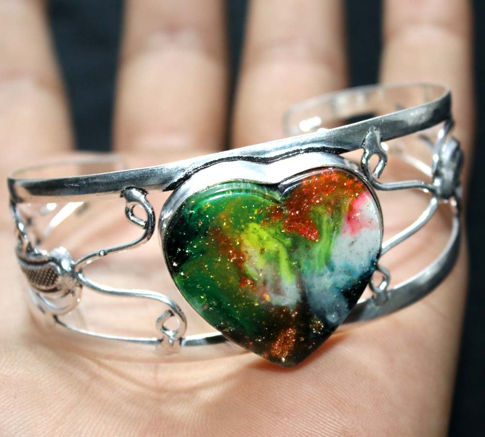 Huge Heart Dichroic Glass 925 Silver Plated Bangle FreeSize Gift For Niece F4f57