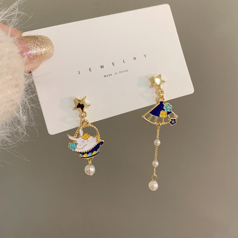 S925 Sterling Silver Asymmetric White Rabbit Stud Earrings with Tassel Chain