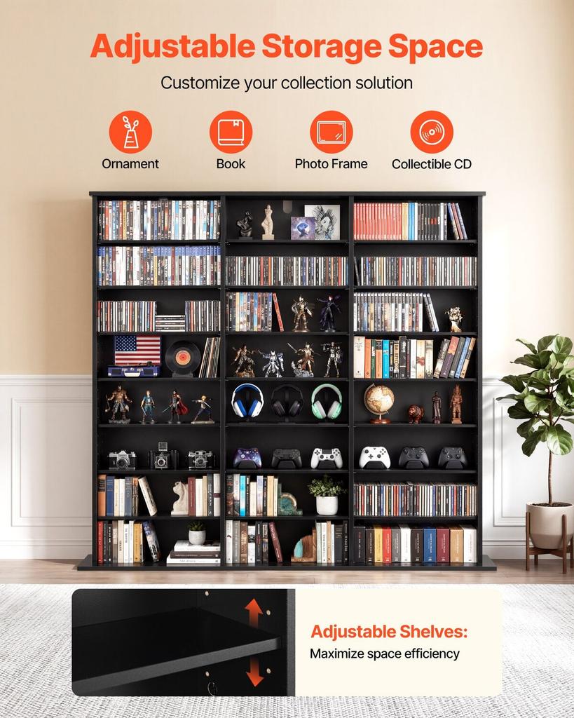 Media Storage Cabinet, 8-Tier DVD Shelf Organizer, 142 X 22 X 130 Cm Multimedia Storage Organizer for CDs, DVDs, Books & Games, CD Shelf for Living