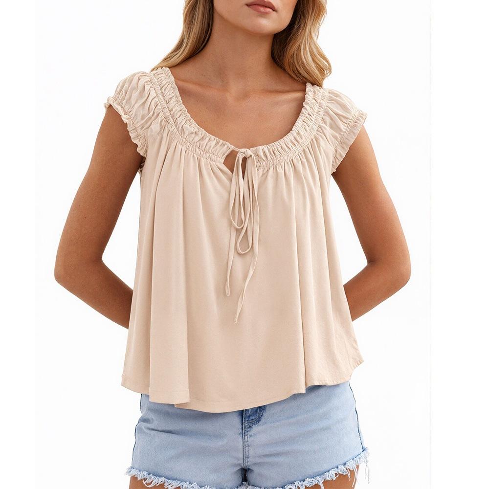Womens Casual Loose Cute Ruched Tie Sleeveless Top