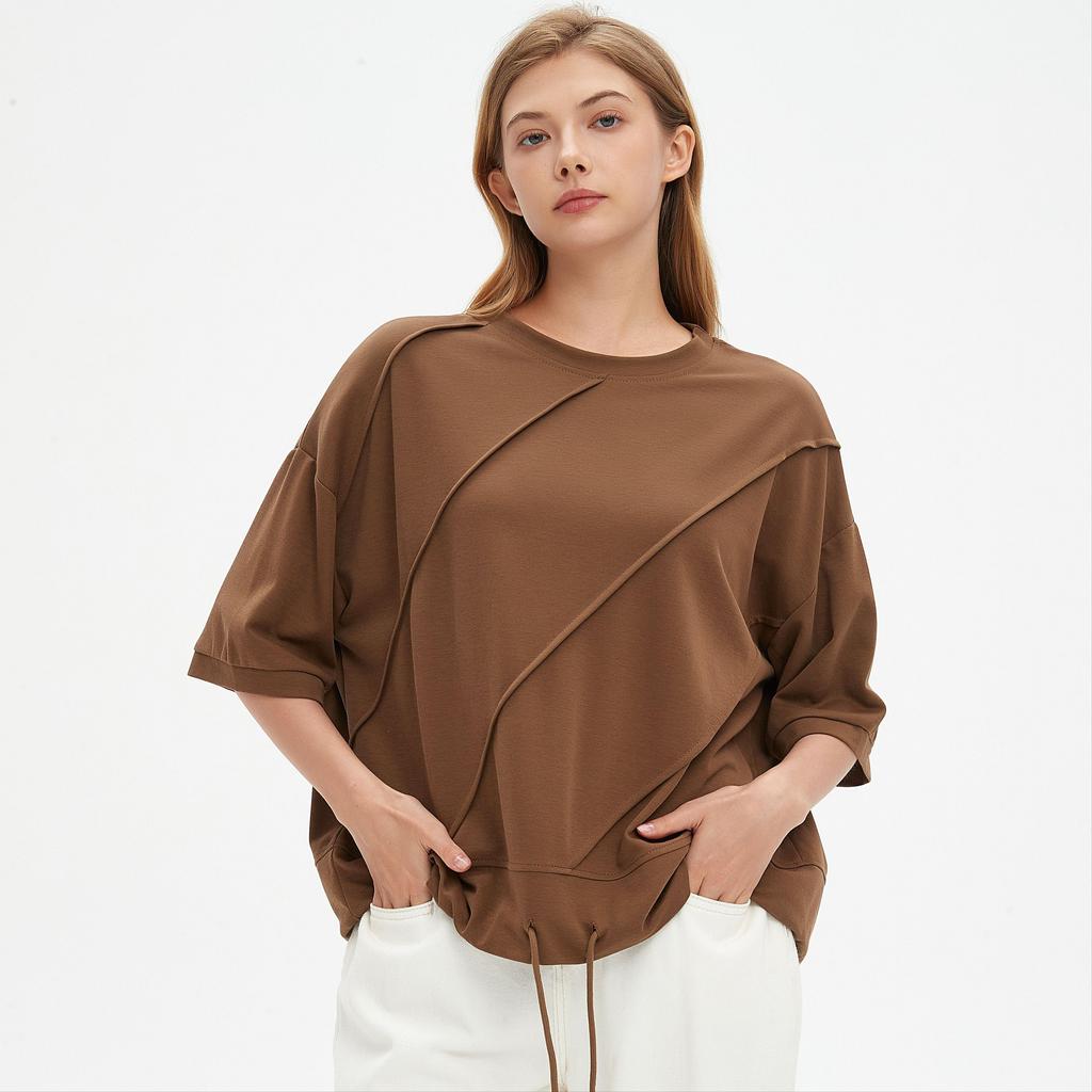 DIMANAF 2025 Plus Size Summer Solid Bat Stripe T-shirt Women Short Sleeve Loose Tops Tees