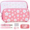 Tscope Cute Carrying Case for Nintendo Switch Lite, Pink Sakura Portable Hard Shell Girls Travel Storage Bag, with Glass Screen Protector & Thumb