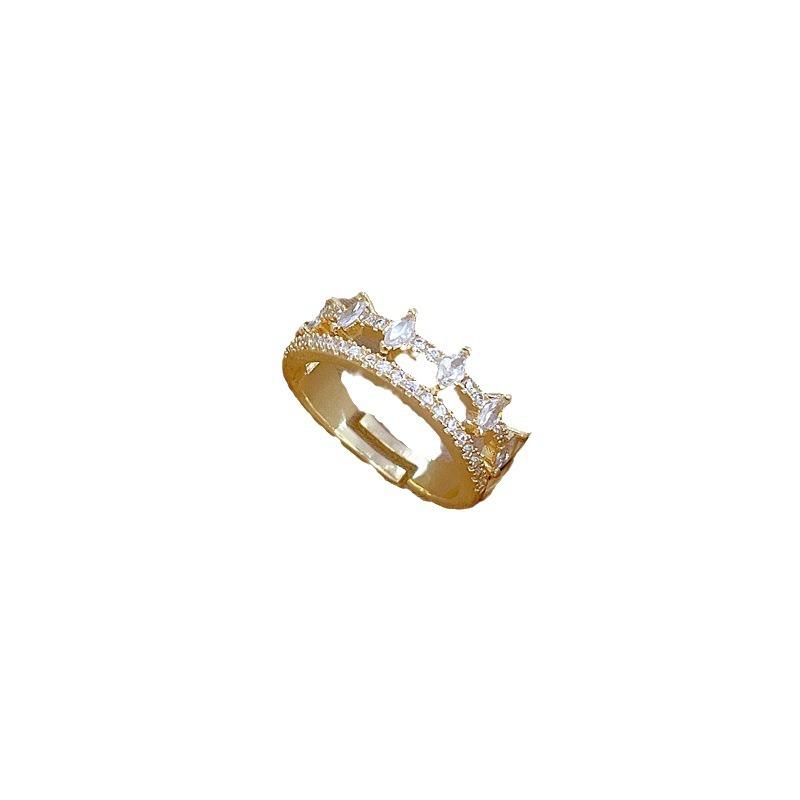 Real Gold Full Diamond Double-Layer Wedding Ring Ring Opening Adjustable Simple Jewelry Japanese Ring Couple Ring