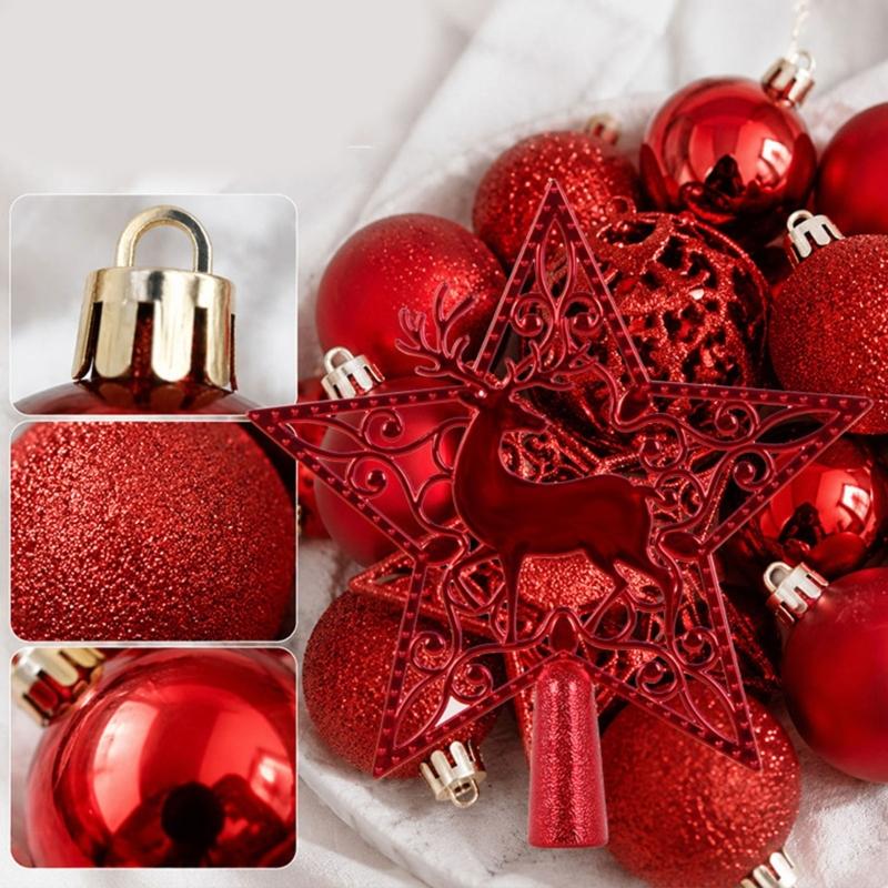 Plastic Christmas Tree Bauble Set, 101-Count Assortment with Mixed Finishes, Varied Ball Styles, and Cutout Star Toppers