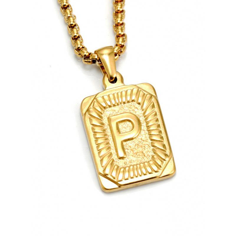 18K Gold Square Double-sided English Letter Pendant for Men, Titanium Steel Necklace