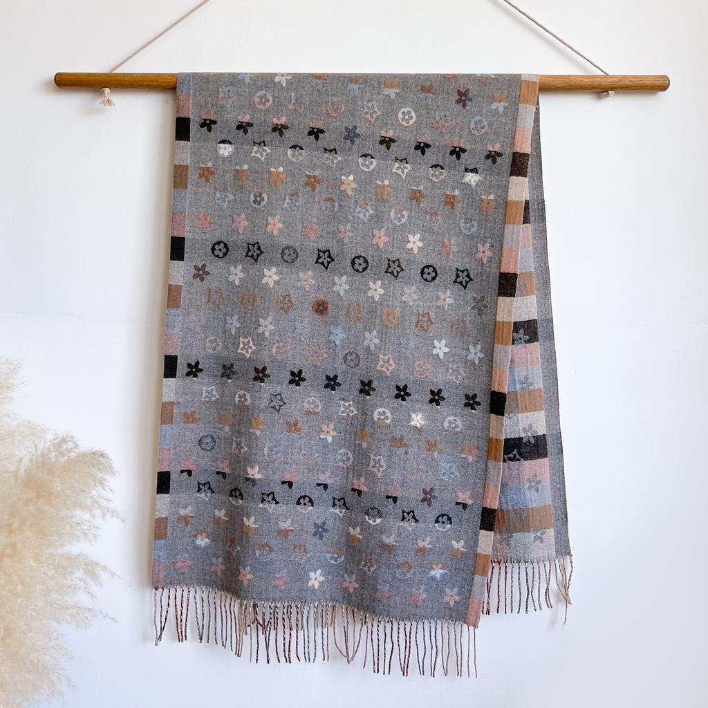 Stylish National Pattern Women's Faux Cashmere Infinity Scarf Winter Warm Two-Sided Thick Floral Print Cozy Shawl Foulard Blanke