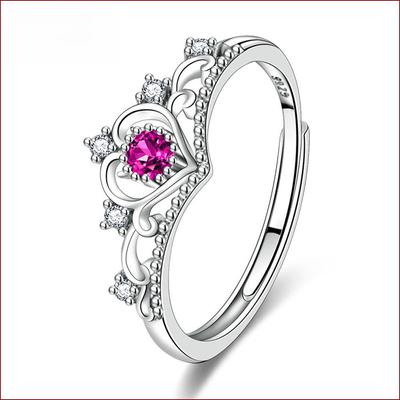 Romantic Pink Flower Crown Open Ring - Versatile Creative Crown Design for Women with Pink Diamond Accents