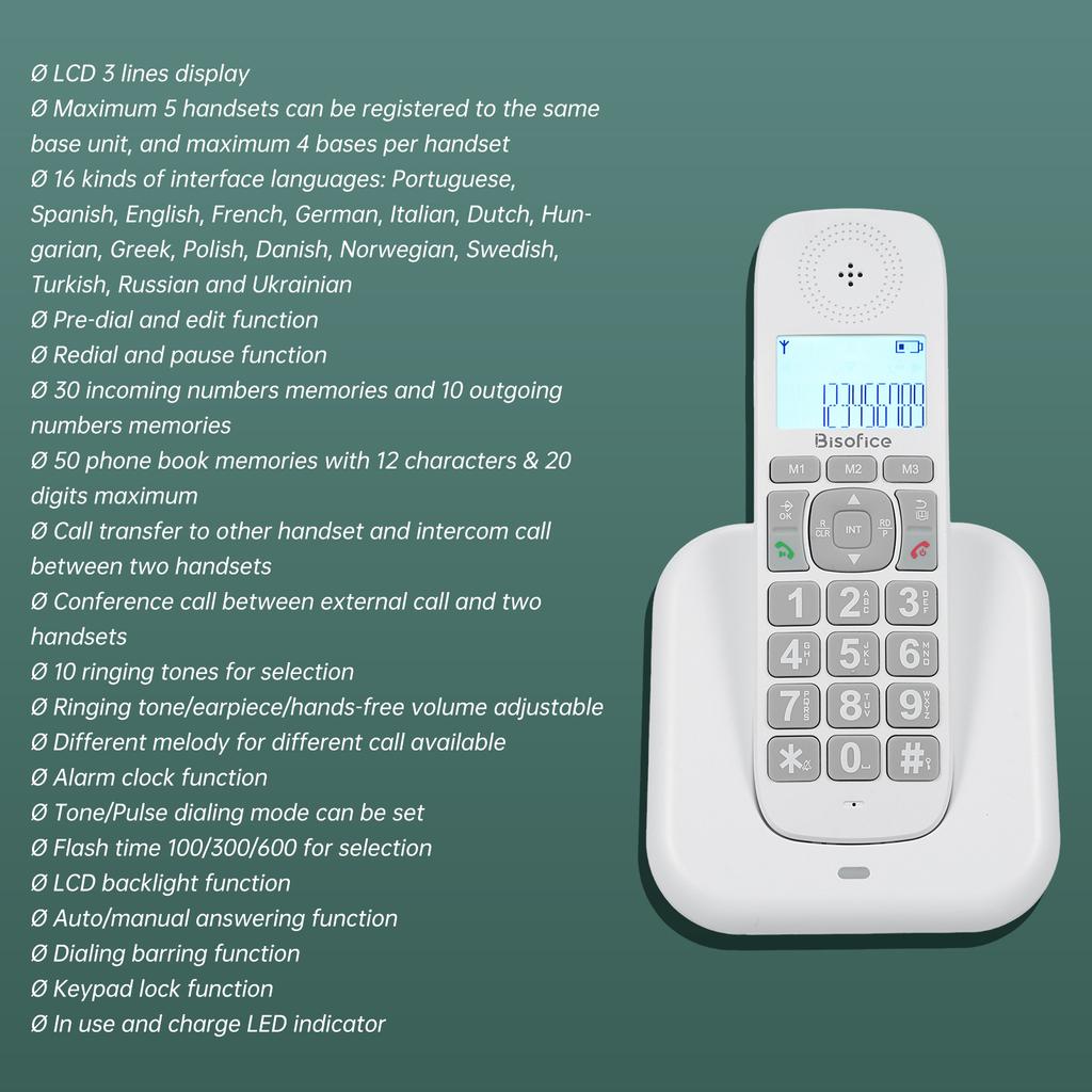 Bisofice Expandable Cordless Phone System with 3 Lines Display Caller ID Support 5 Handsets Connection 50 Phone Book