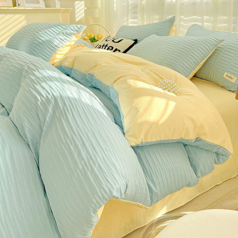 

G5Zins Seersucker Patchwork Cotton Bedding Set: Includes Duvet Cover and Fitted Bed Sheet 1.2 Bed 3-Piece Duvet 150x200