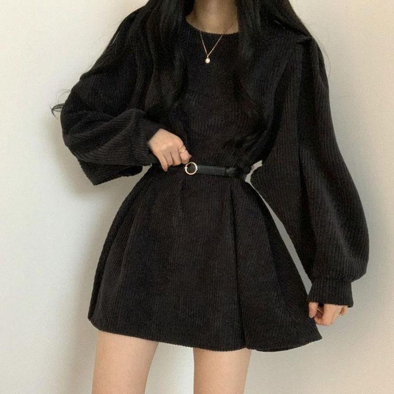 Corduroy Sashes Dresses Women Korean Preppy Puff Sleeves Casual A Line Mini Dress Harajuku Elegant All Match Solid Dress
