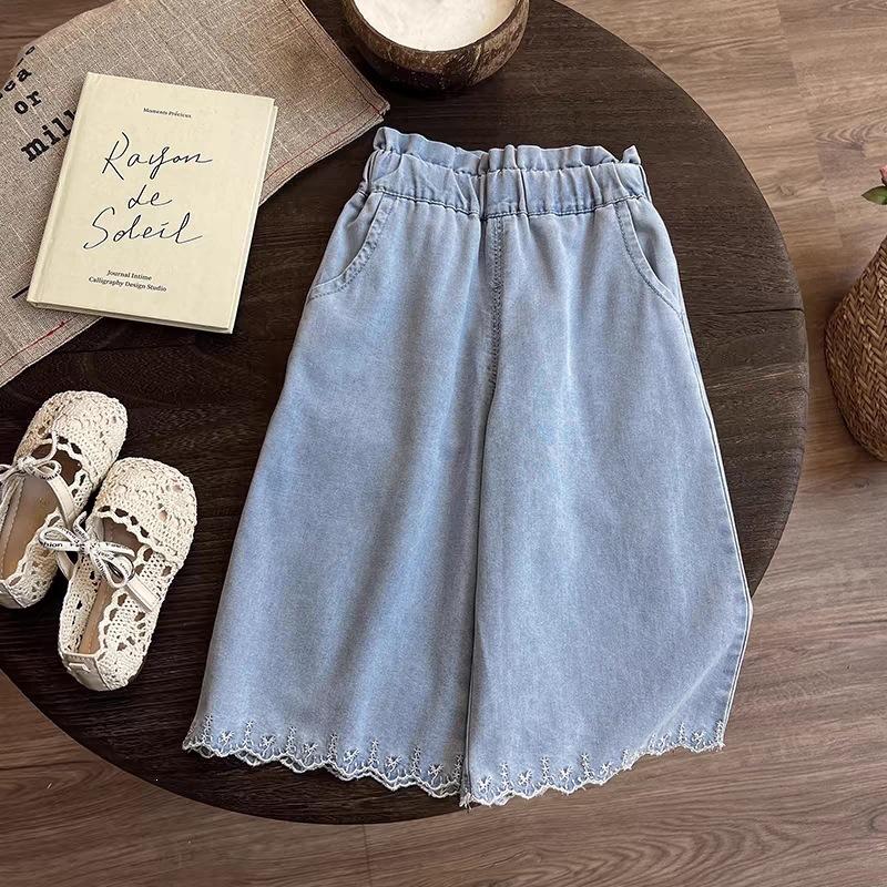 Girls Summer Lace Trim Camisole with High Waist Denim Wide Leg Pants Set