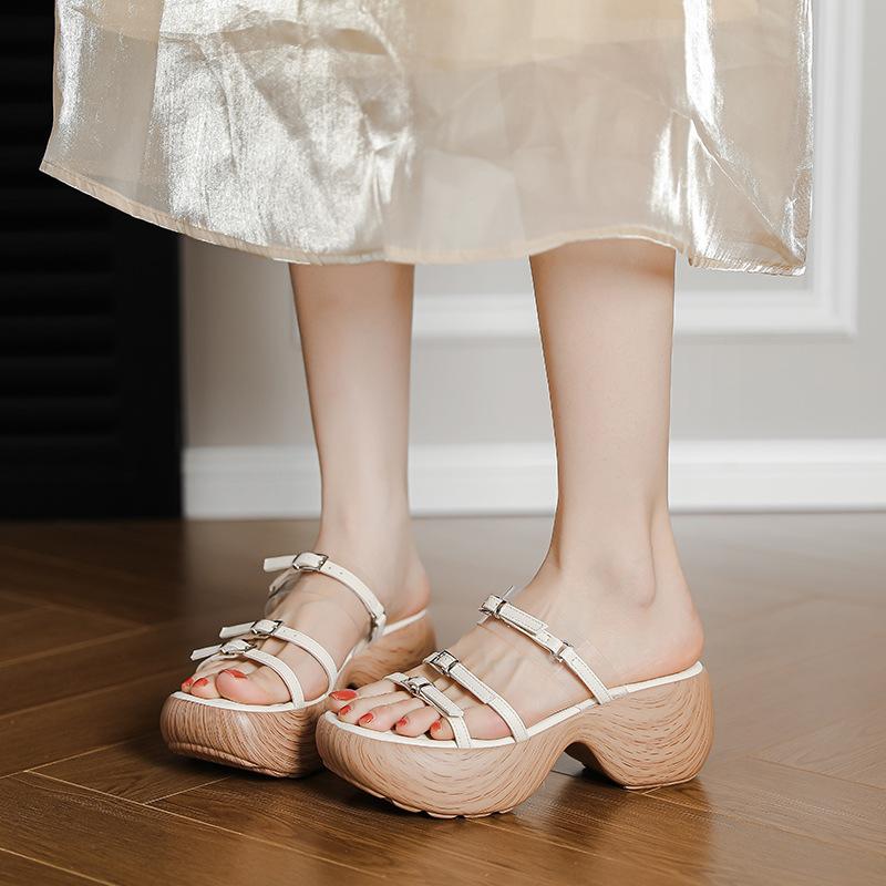 Platform Sandals Women's Fine Strap Wood Grain Summer New Vacation Slope Heel Soft Sole Heightening Word with Roman Shoes Slippers
