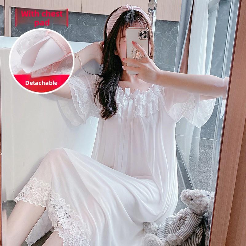 

GMXIA Fairy-like Sleeping Dress, Court Princess-style Pajamas, Summer Short-sleeved, Popular and Sexy Lace Sleeping Dress with Chest Pad S