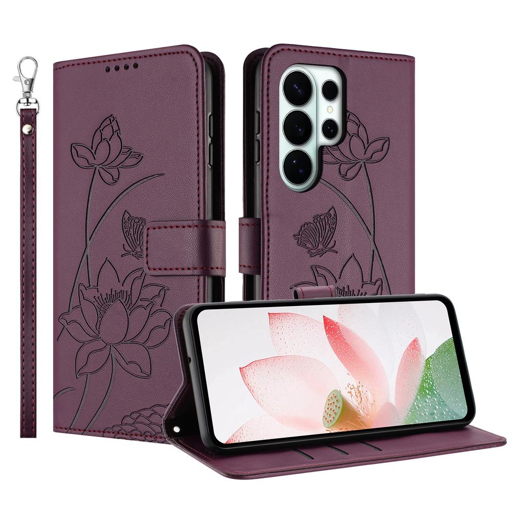 For Samsung Galaxy S26 Ultra Case Wallet Stand Lotus Imprint Leather Phone Cover with Wrist Strap