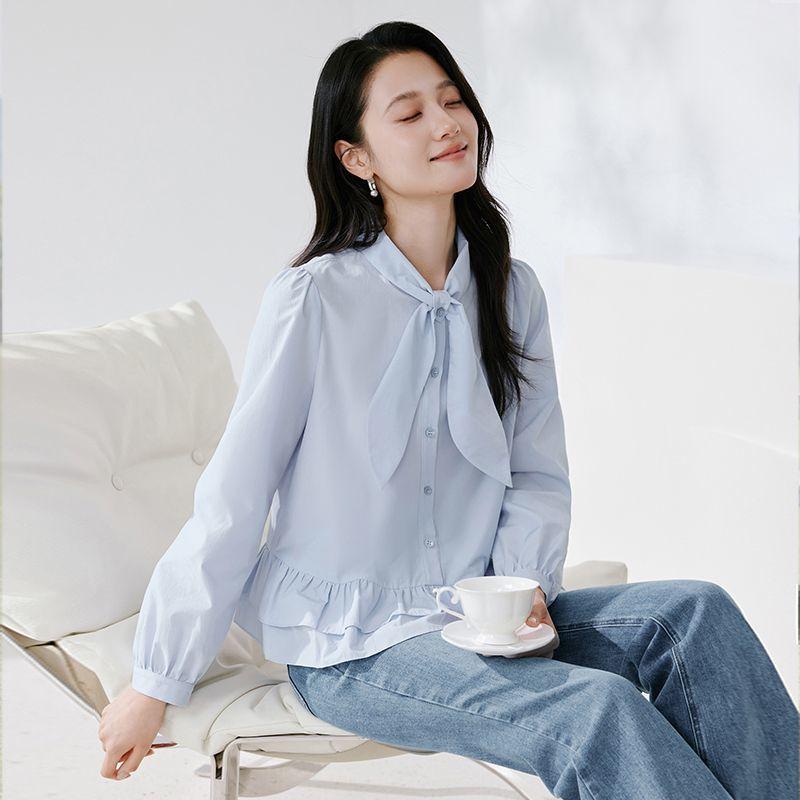 Women Light Blue Bow Tie Neck Blouse Long Sleeve Ruffle Hem Casual Shirt S
