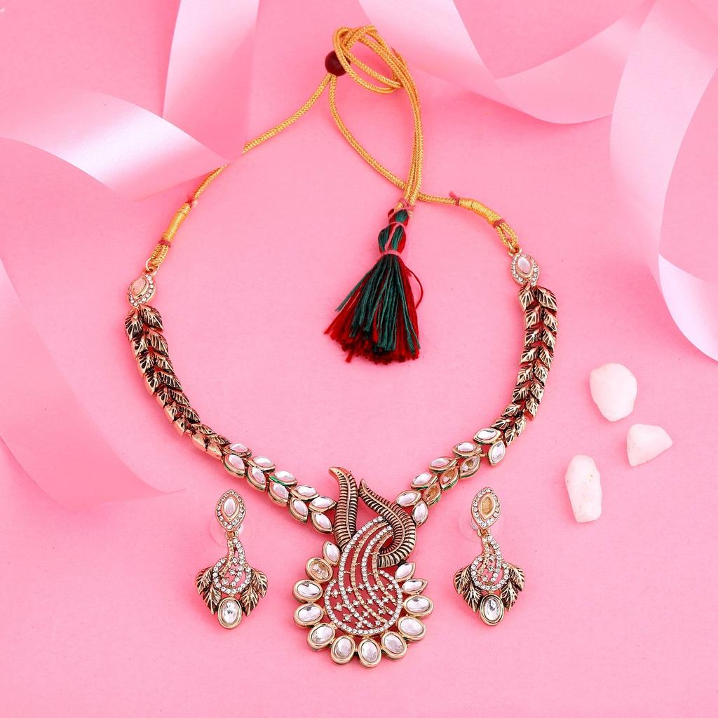 Комплект позолоченного традиционного антикварного ожерелья Kundan Paisley Fern для женщин Estele