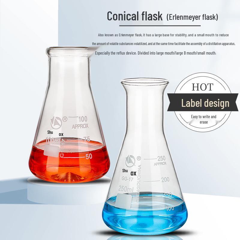 Pomex Shuniu Glass Erlenmeyer Flask: Conical, Straight/Wide/Flared Mouth, 100ml/250ml/500ml/1L Sizes.