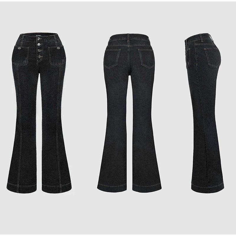 Retro High Waist Slim Flared Jeans Washed Denim Elastic Fitting Lange Hosen Straight Leg Jeans Blau Farbe Frühlingssaison Universal