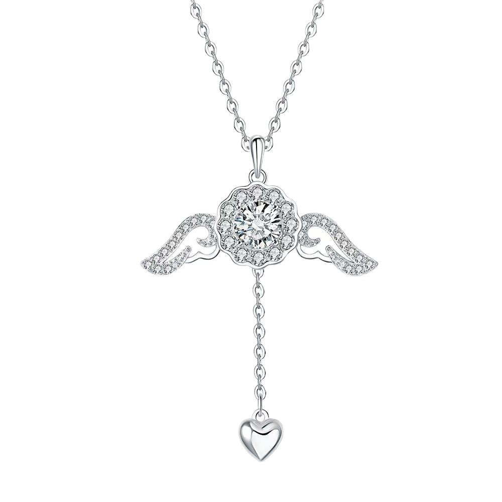 S925 Sterling Silber Engelsflügel Halskette: Verstellbarer Herz-Quasten-Anhänger für Damen