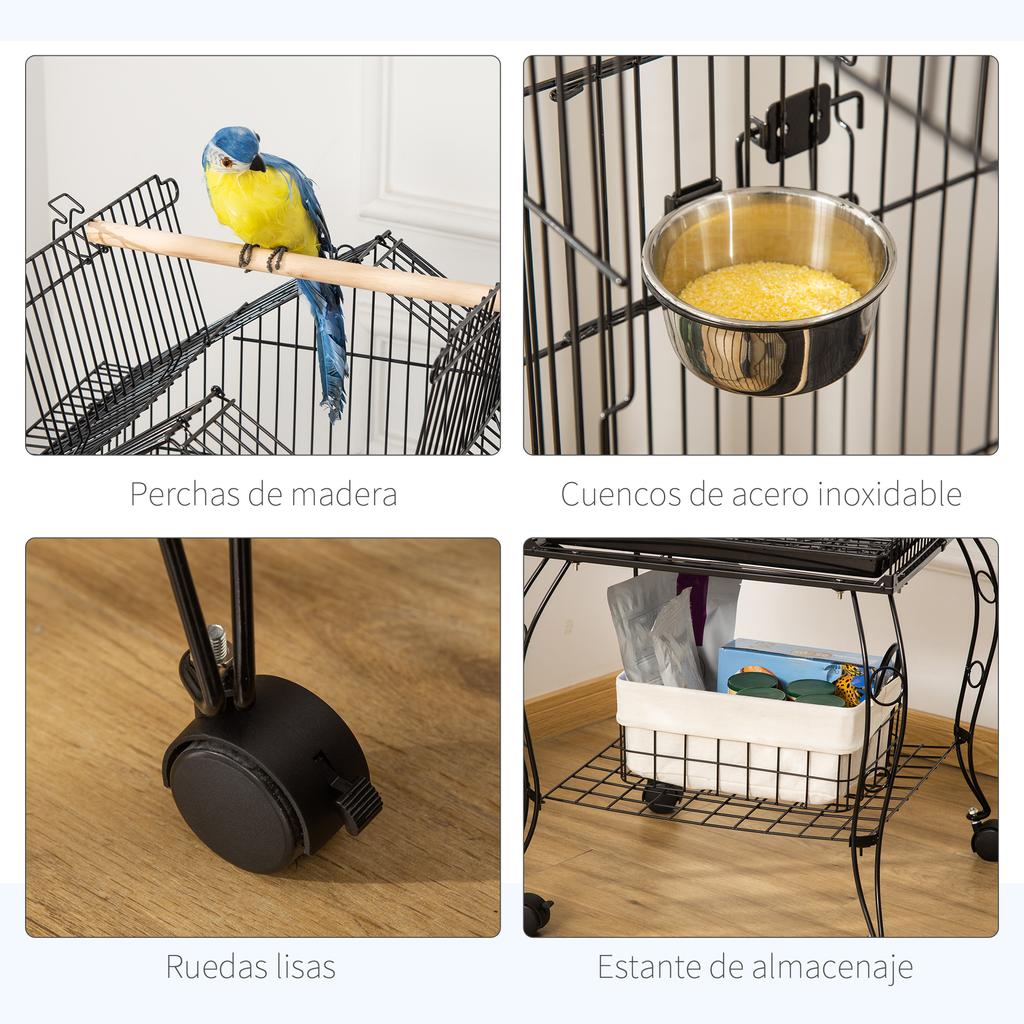 Bird Cage with Rolling Stand, Removable Tray & Feeders for Canaries Parakeets, 50x58x137-145 Cm, Black