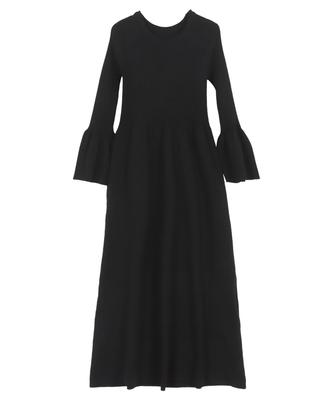 Kobe Lettuce Flare Sleeve Knit Long Size Black Women's Dress, Sleeve, M, [E3341]