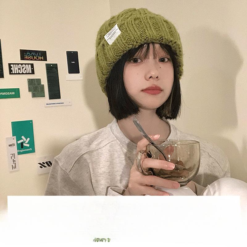 Women's Thick Knitted Wool Hat In Autumn and Winter Versatile Big Head Circumference Green Ins Trendy Face Small Ins Style