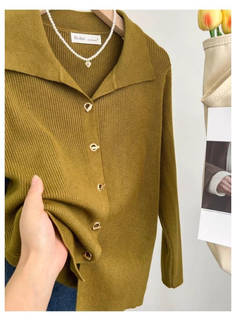 French Elegant Lapel Knitted Sweater Cardigan Women Spring Autumn Vintage Solid Polo Shirt Korea Chic Underneath A Base Layer Clothes