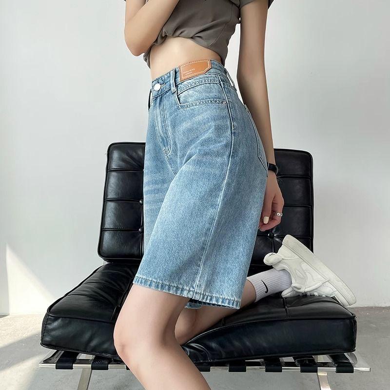 Five Point Denim Shorts for Children In Summer High Waist Loose Fit Slimming Straight Leg Pants Plus Size Wide Leg Mid Length Pants