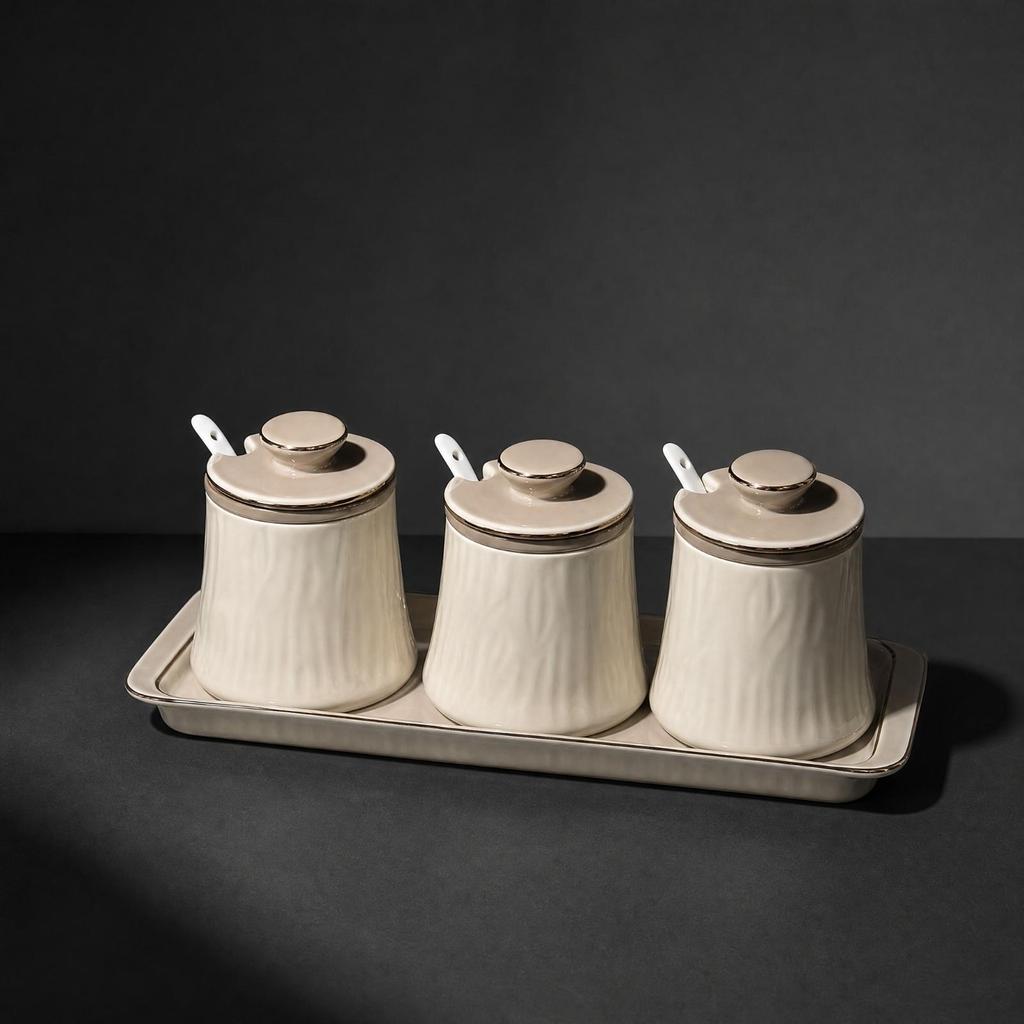 3 Pieces Ceramic Seasoning Jar with Lid Countertop Condiment Organizer Tray