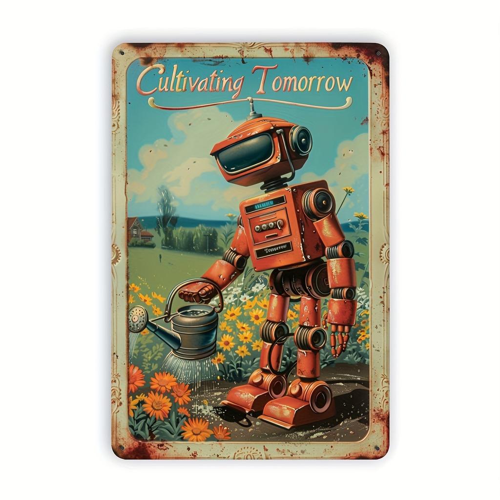 [2D Flat] Cultivate Tomorrow Vintage Metal Tin Sign, Fun Robots and Flowers Wall Art Decor, Gym Bar Cafe Garage Tin Painting, Re