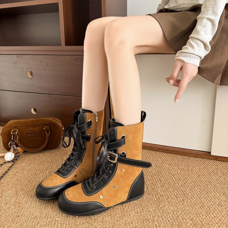 Yueyu Light Luxury Boxing Boots Strap Side Zipper Martin Boots Belt Buckle Short Boots Martin Boots Flat Bottom Fashion Boots Women