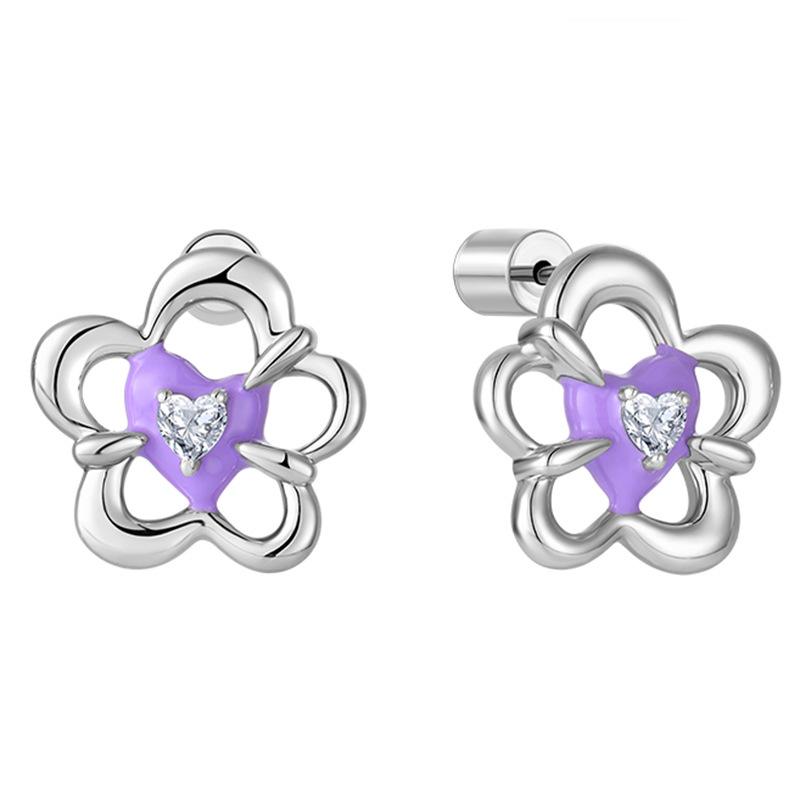 925 Sterling Silver Purple Zircon Flower Stud Earrings - Pastoral Style