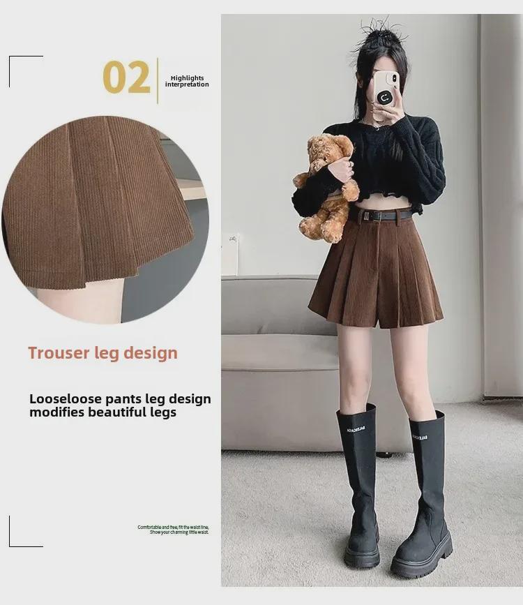 Women's High-Waist Corduroy Pleated Shorts - 2024 Spring Collection, Slimming Wide-Leg Casual Booty Shorts for Petite.