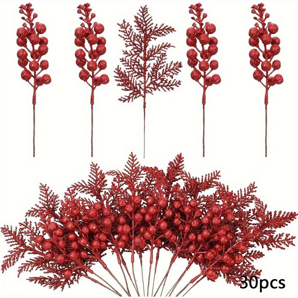 Artificial Pine Needles with Glitter Berry Stems Vibrant Red Green Plastic Christmas Branches for DIY Holiday Decor, Tree Wreath, Vase Centerpieces