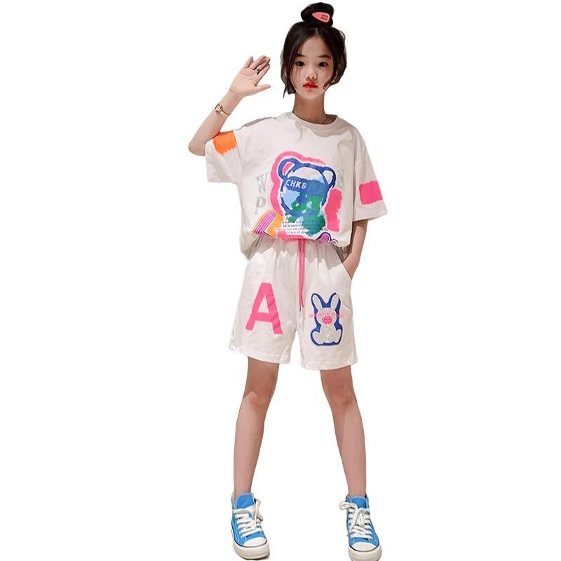 Girls Summer Children Clothes Cartoon Bearr Printed T-shirts + Shorts Suit Teenage Hip Hop Short Sleeve 2 Pieces Set Top Bottom Outfits