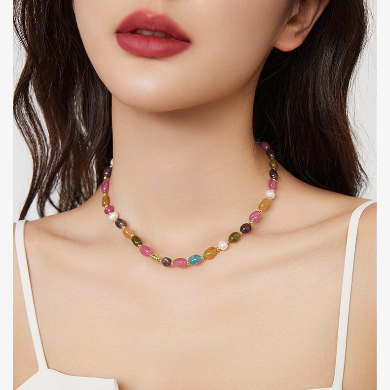 New Arrival Trendy Colorful Tourmaline Stone Natural Freshwater Pearl 14K Gold Filled Ladies Beads Chain Necklace No Fade Gifts