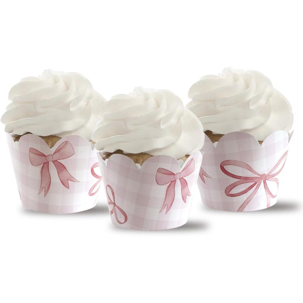 Pink Gingham and Bows Cupcake Wrappers,Pink Gingham Party Supplies, Coquette Bows Decor Party,36PCS