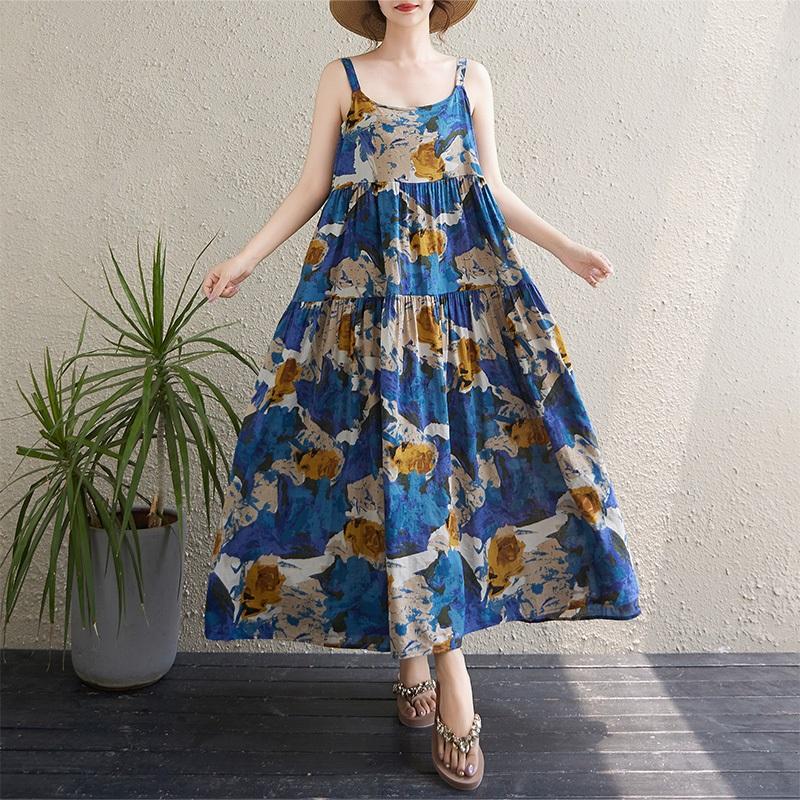 

Без рукавов на бретельках Большие размеры хлопок винтажный цветочный новый в платьях для женщин повседневное свободное длинное летнее платье