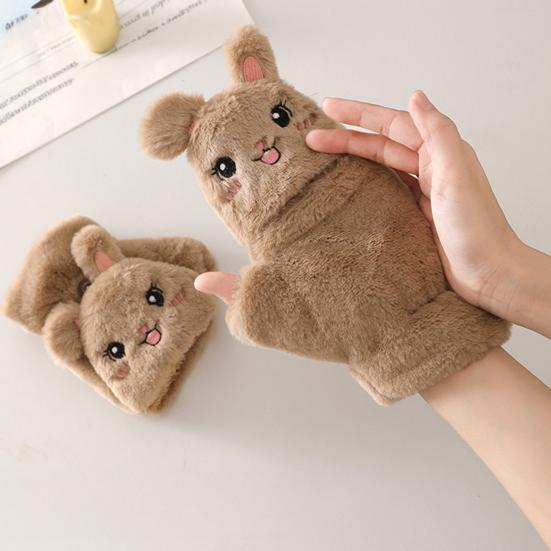 1 Pair Women Plush Rabbit Fingerless Gloves Warm Thick Winter Convertible Flip Top Cartoon Bunny Gloves Outdoor Cold Weather Half Finger Mittens