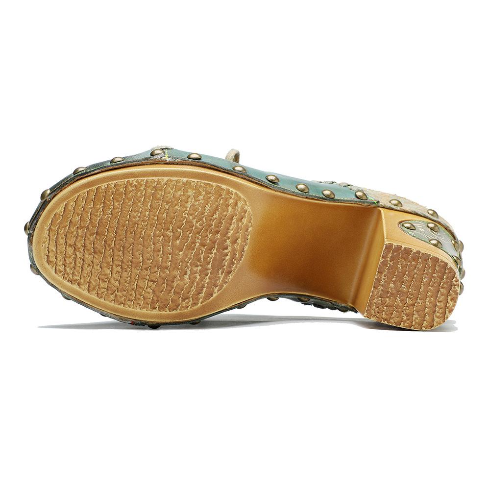 Johnature Genuine Leather Retro Outside Slippers Riveted Thick Heeled High Heels Slides Sandals Women Shoes
